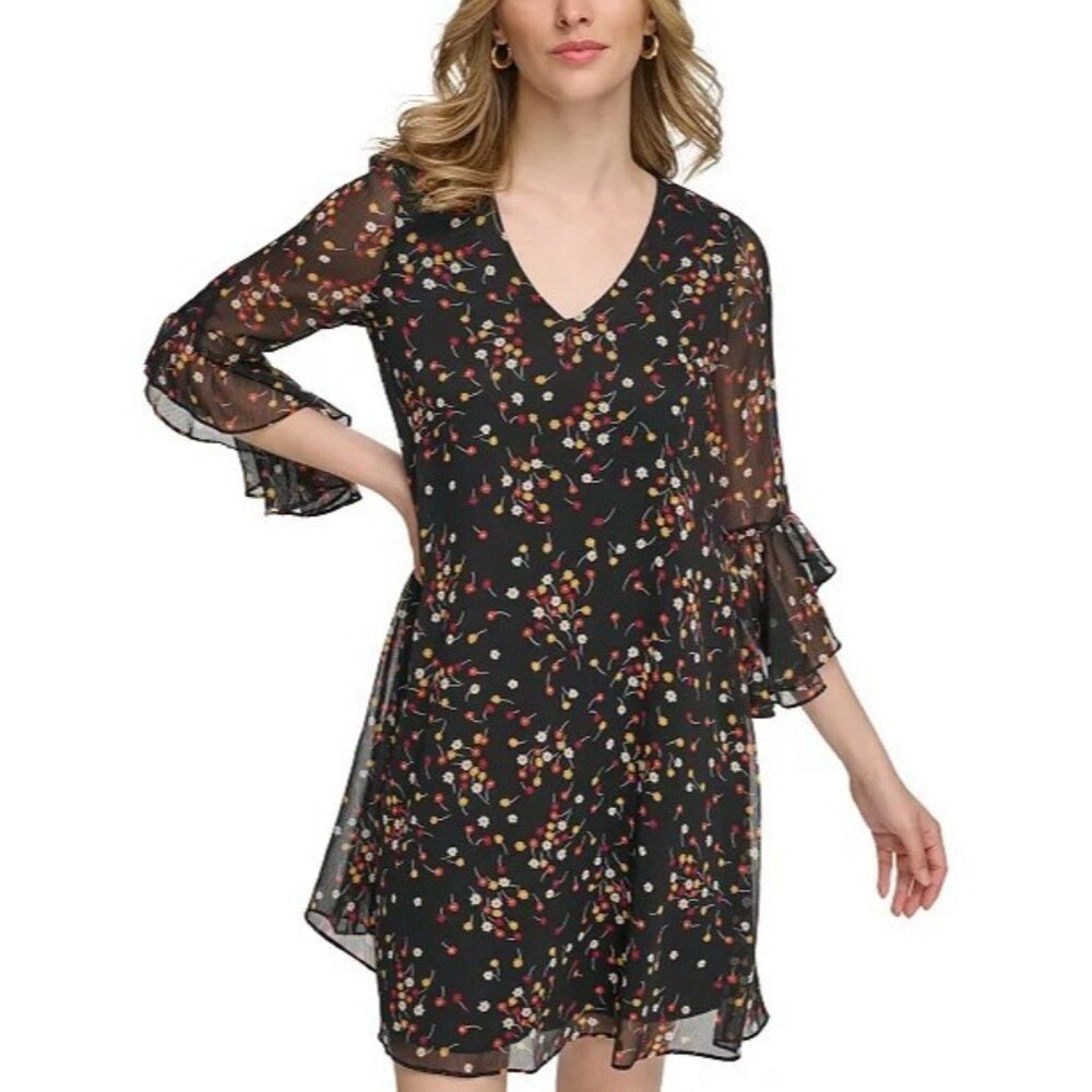 Calvin Klein Womens Black Shift Dress Size 4 Floral Design NEW